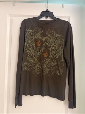 Machine Brown Long Sleeve Graphic Thermal Tee with Green and Orange Print